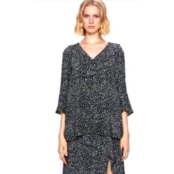 Zara Womens Oversized Ruffle Sleeve Blouse Black White Abstract Print Size Small - Picture 2 of 4